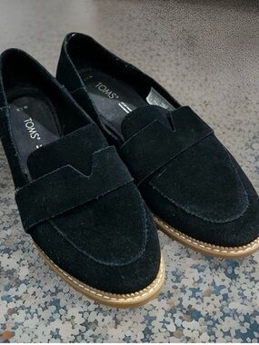 TOMS Black Suede Penny Loafers with Tan Sole Trim